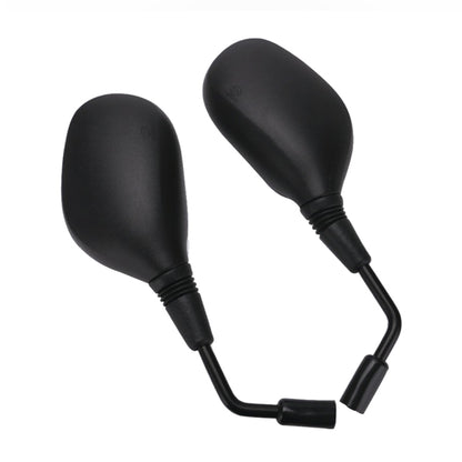 Universal rearview reversing mirror pair with black rubberized shells and curved stems