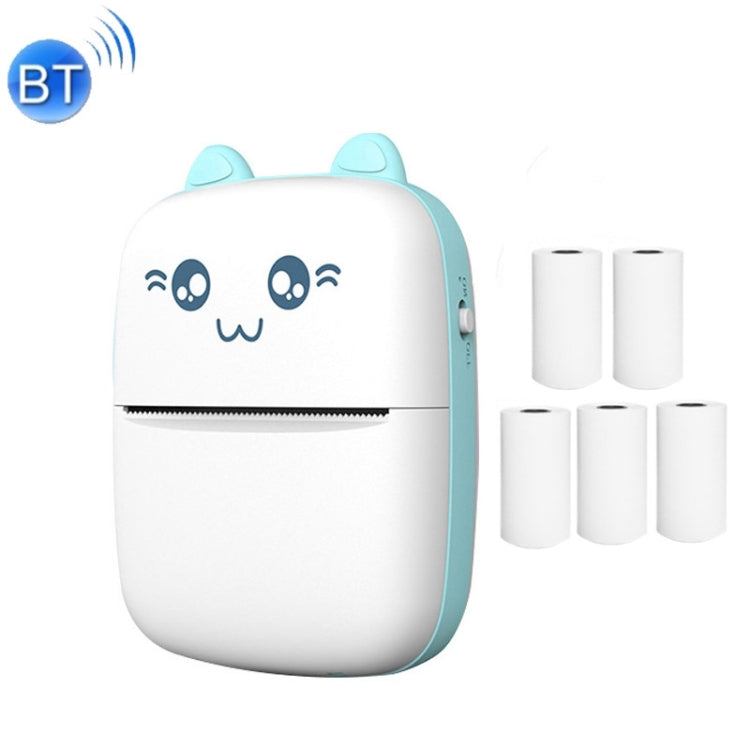Blue mini Bluetooth thermal printer with cat face and five white paper rolls