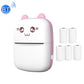 Pink mini Bluetooth thermal printer with cat face and five white paper rolls