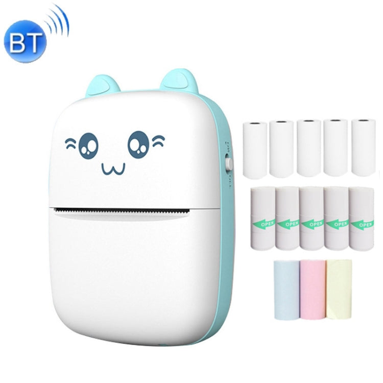 Blue mini Bluetooth thermal printer with cute cat face and paper output slot