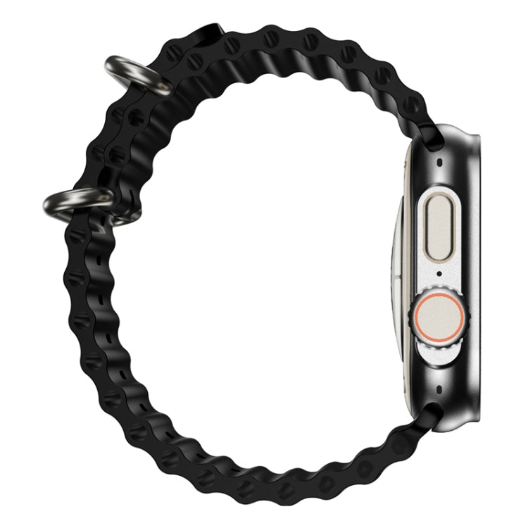 Black chain-style sport smartwatch with silver case and orange side button