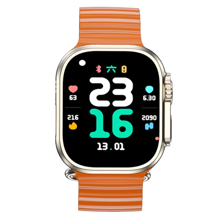 Orange sport smartwatch with metal case and colorful digital-style watch face display