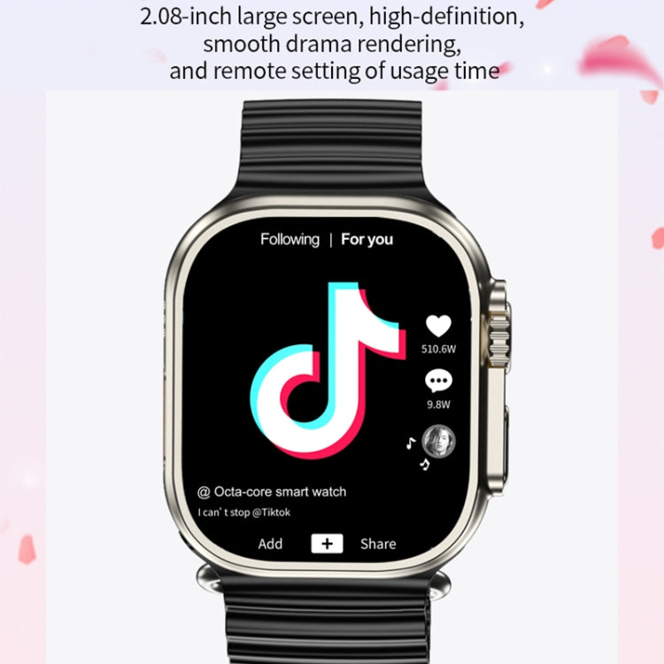 Smartwatch front view with black strap and TikTok-style video icon on the display