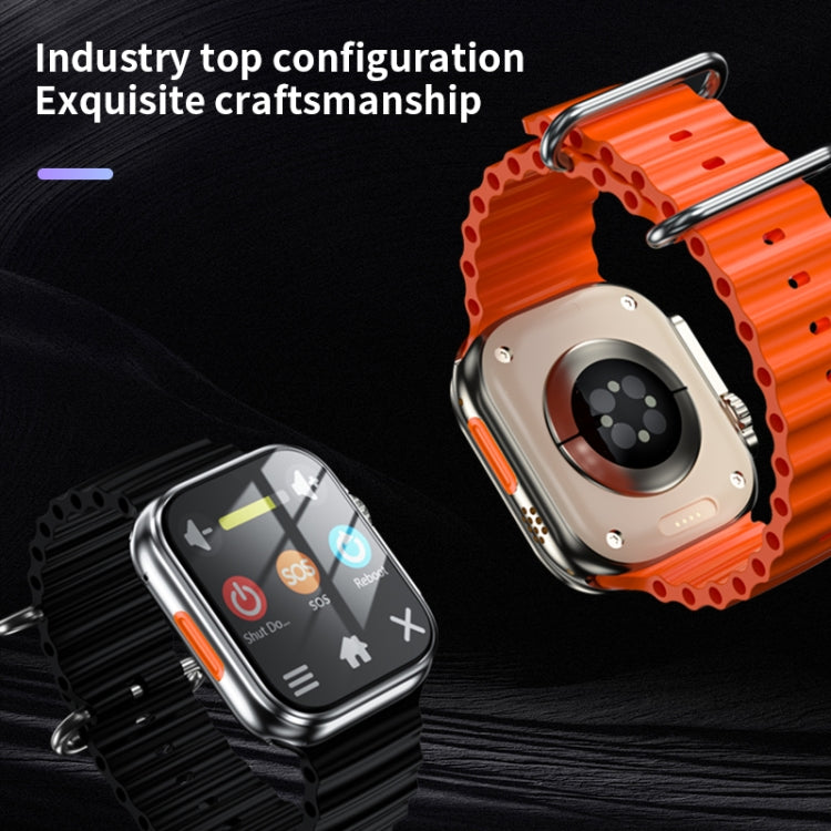Smartwatch with black silicone strap and another with orange silicone band