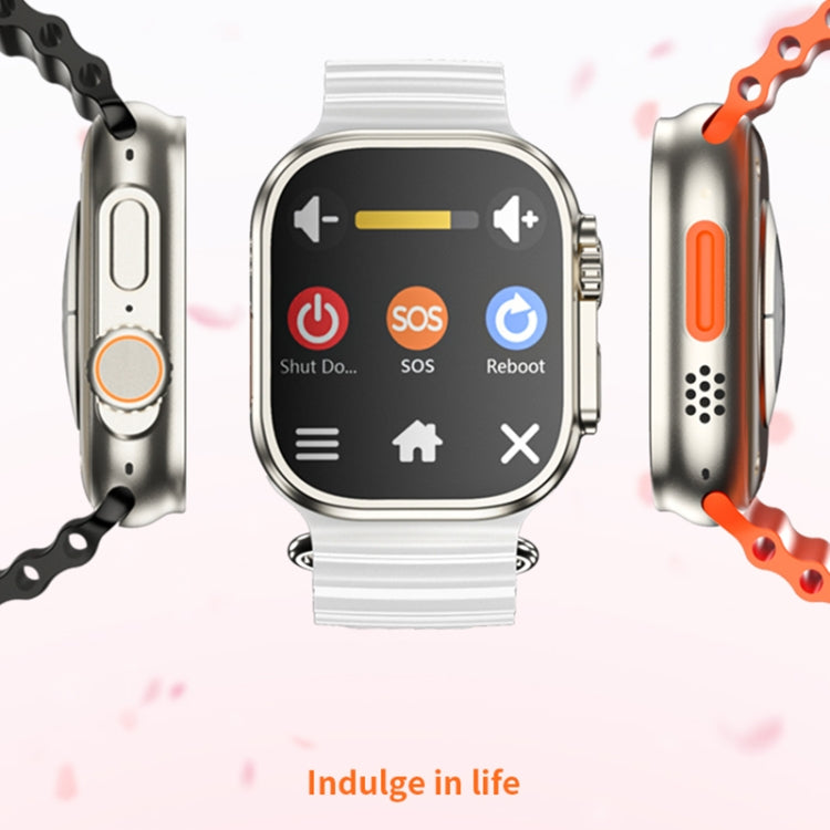 Three views of smartwatches with gray, black, and orange straps and side buttons