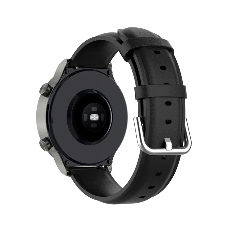 Round tail leather watch band with buckle, black color, adjustable holes.