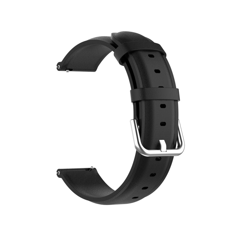 Round tail leather watch band, black with metal buckle and strap holes.