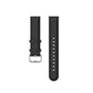 Black round-tail leather watch band detail, with metal buckle and size holes.