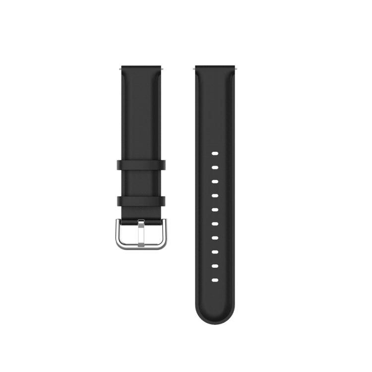 Black round-tail leather watch band detail, with metal buckle and size holes.