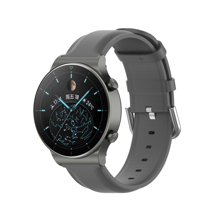 Round tail leather watch band with buckle, grey strap with adjustment holes.