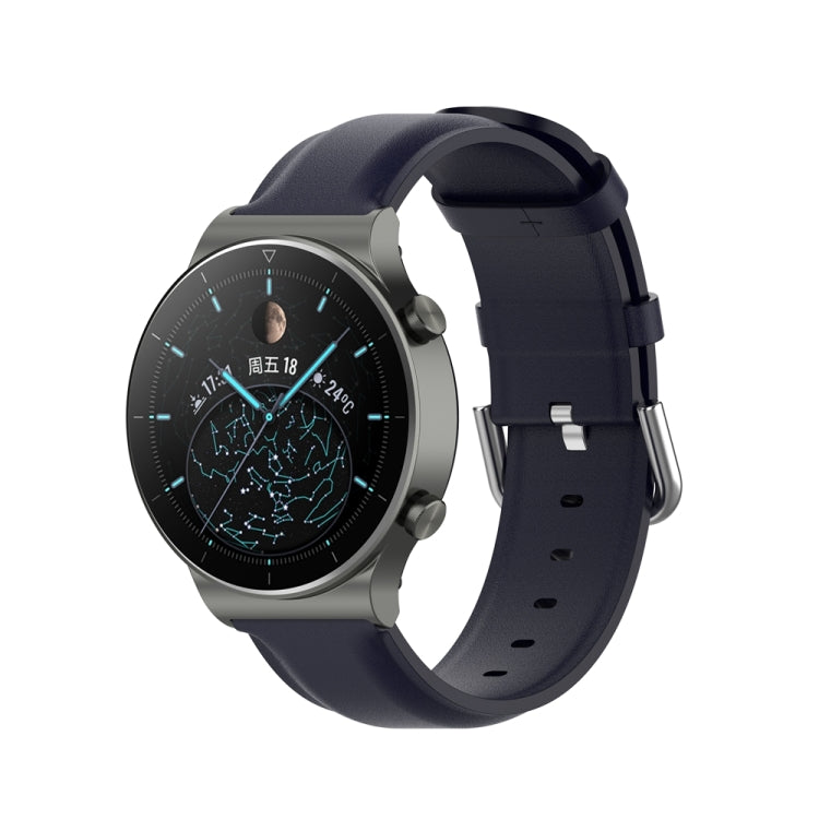 Round leather watch band with black strap and metal buckle for a round smartwatch case