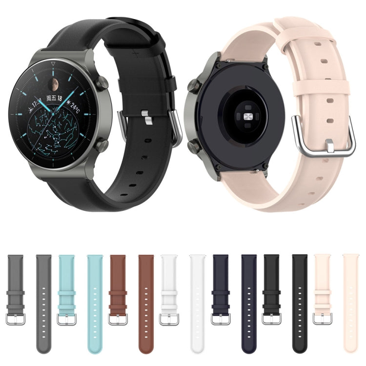 Leather watch bands in multiple colors, showing black and light straps for a round smartwatch