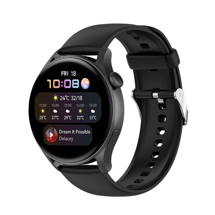 Black silicone watch band with stainless steel silver buckle, perforated strap holes