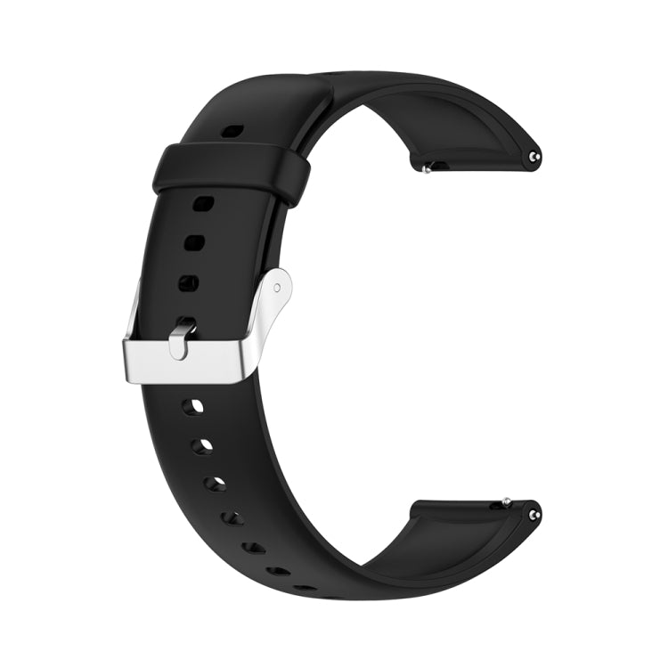 Black silicone watch band with silver metal buckle, adjustable pin and strap holes