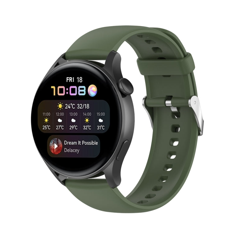Dark green silicone watch band with stainless steel silver buckle and perforated holes