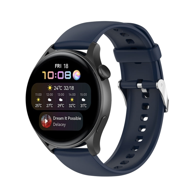 Navy blue silicone watch band with stainless steel silver buckle and strap holes