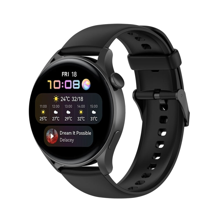 Black silicone watch band with stainless buckle, perforated strap and pin holes