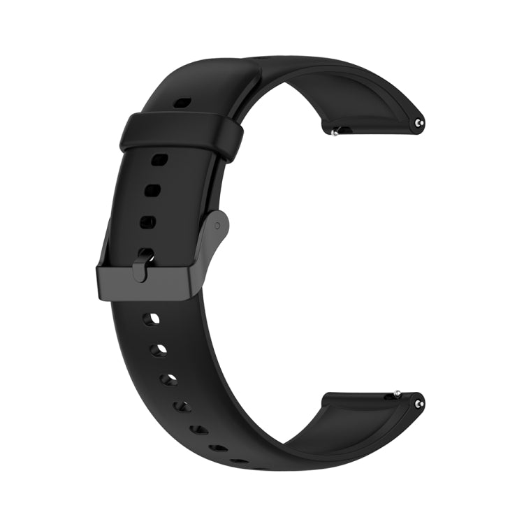 Black silicone watch band with stainless buckle, angled view with pin-hole rows