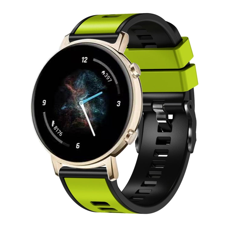 Two-tone silicone watch band with neon lime top strap and black perforated strap