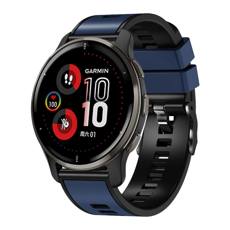 Two-tone silicone watch band with dark blue top strap and black perforated strap