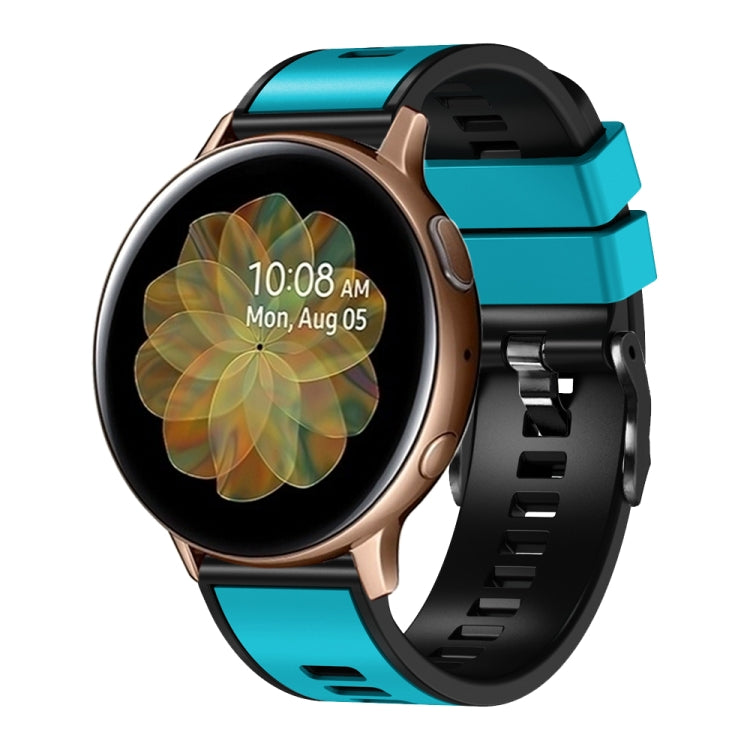 Two-tone silicone watch band with bright teal top strap and black perforated strap