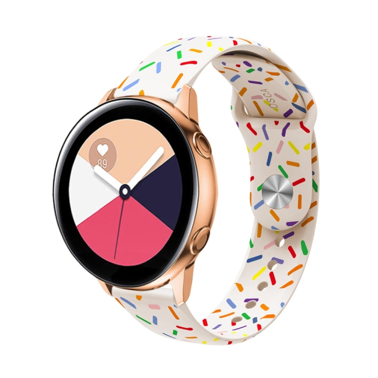 20mm rainbow-dots silicone watch band, white with multicolor sprinkles pattern, watch attached