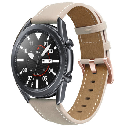 Rose gold buckle beige leather watch band with perforated strap and stitched edges