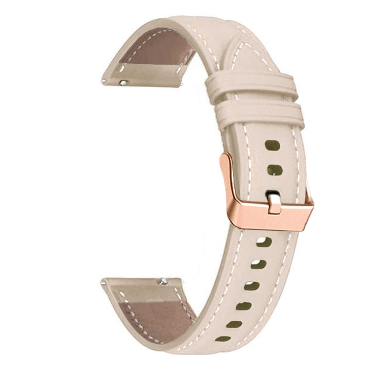 Light beige leather watch band with rose gold buckle, stitched strap, and cutout holes