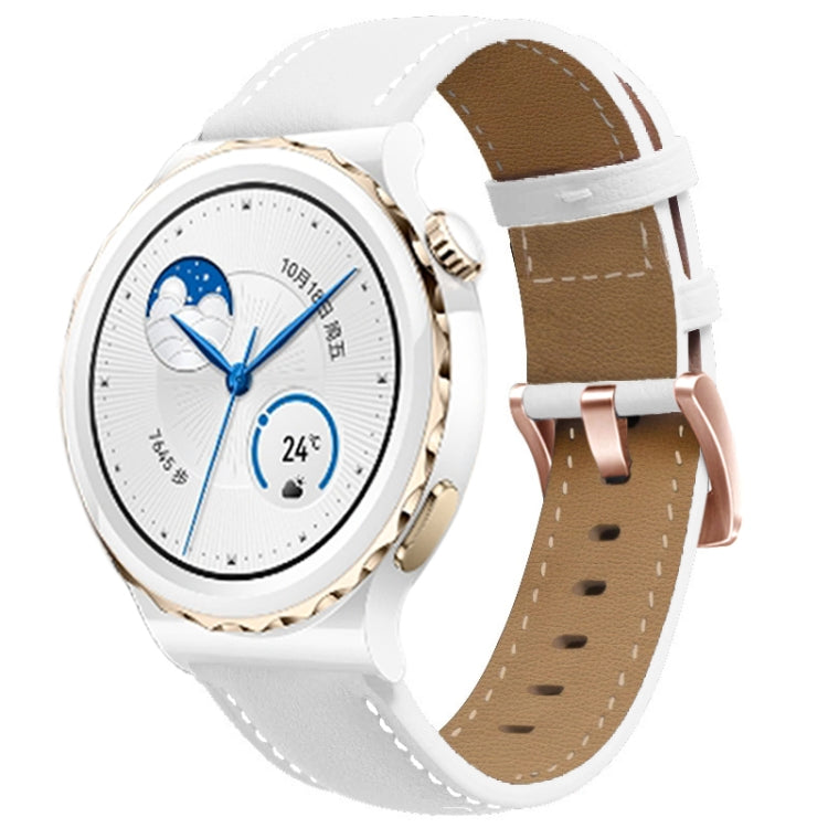 White leather watch band with rose gold buckle, perforated strap, and visible stitching