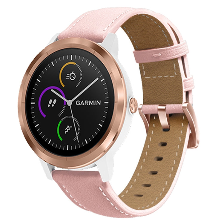 Pink leather watch band with rose gold buckle, perforated strap, and stitched edges