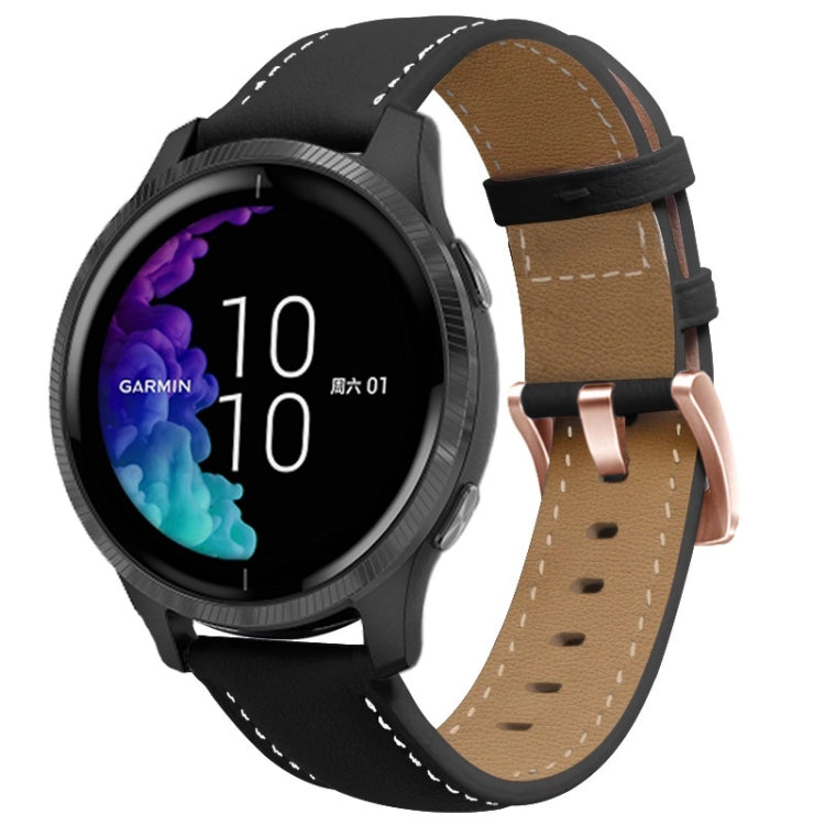 Black leather watch band with rose gold buckle, perforated strap, and stitched edges