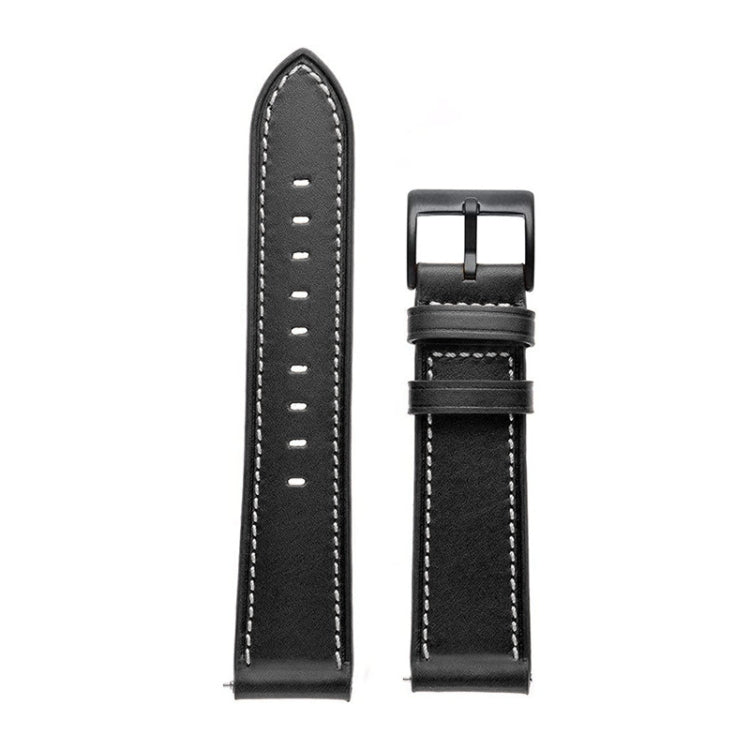 Black leather watch band straps with metal buckle and rows of stitched holes