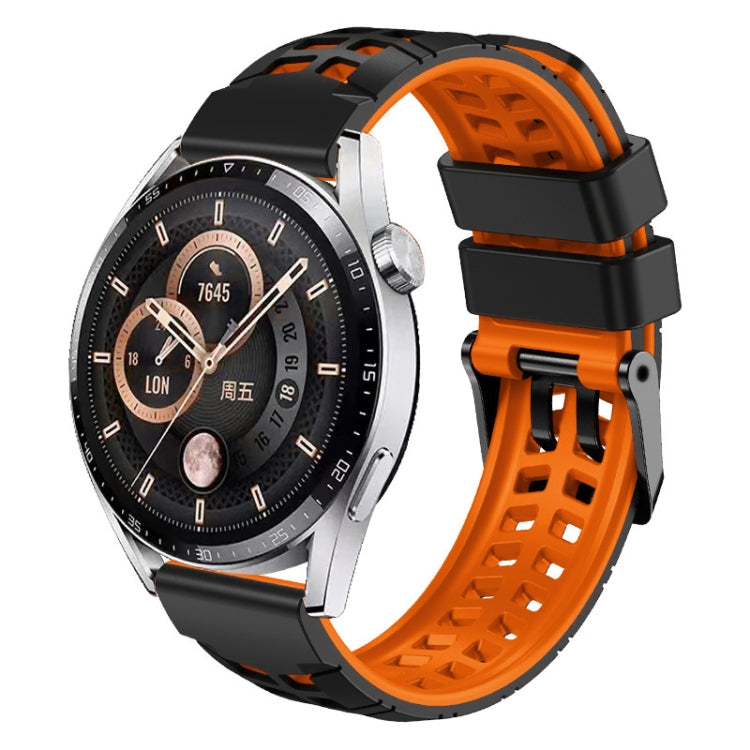 Two-color black/orange silicone watch band with double-row holes and buckle clasp