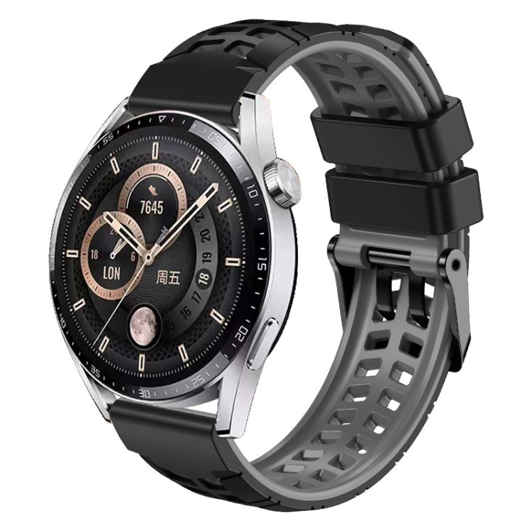 Two-color black/gray silicone watch band with double-row holes and buckle clasp