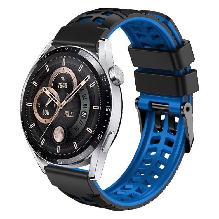 Two-color black/blue silicone watch band with double-row holes and buckle clasp