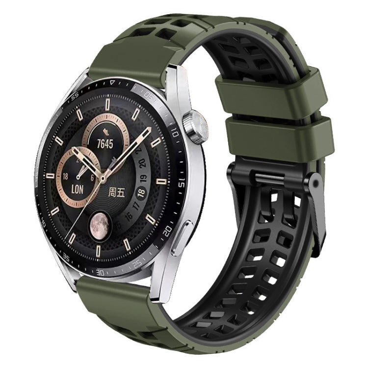 Two-color army green/black silicone watch band with double-row holes and buckle clasp