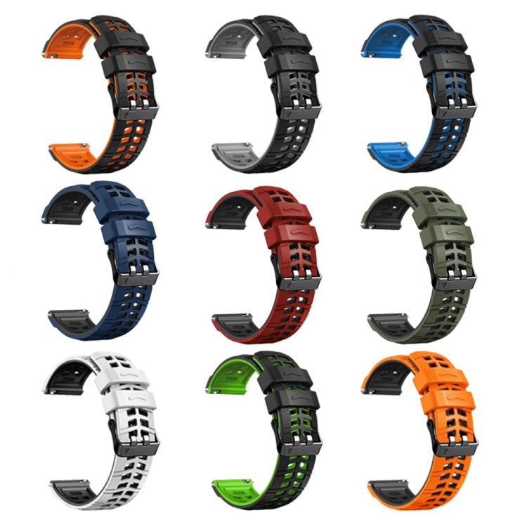 22mm double-row hole two-color silicone watch bands in assorted blue, orange, black colors