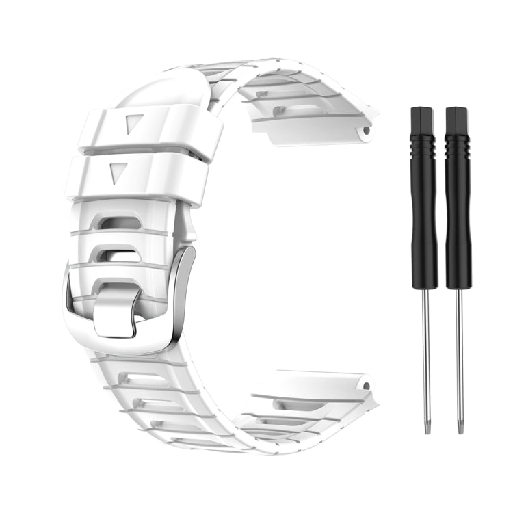 White silicone watch band replacement with quick-release buckle and two pins for Garmin Forerunner 920XT.