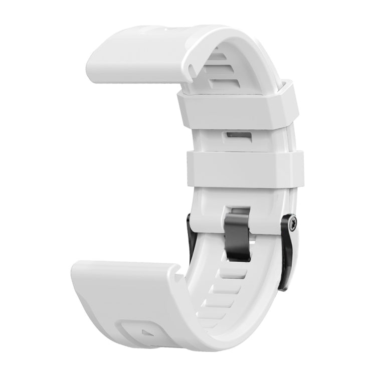 White silicone smartwatch band with metal buckle, side profile view