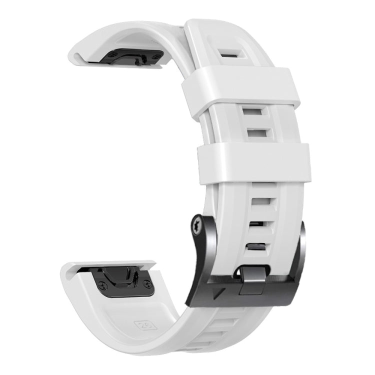 White silicone smartwatch band with metal buckle, back and side strap view