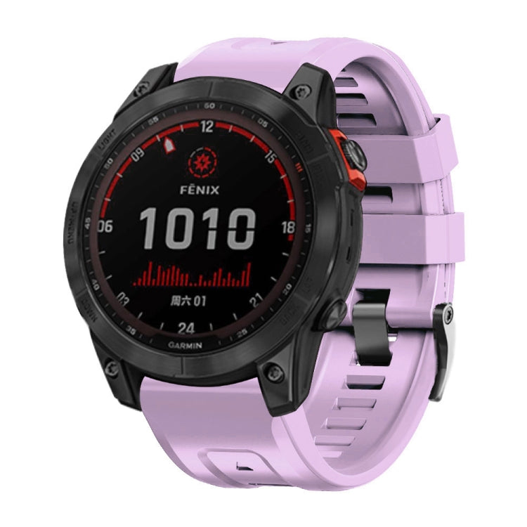 Screw buckle silicone watch band in light purple with black steel accents