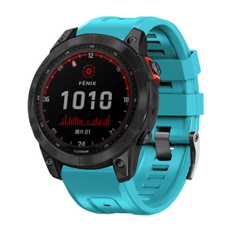 Screw buckle silicone watch band in sky blue with black steel accents