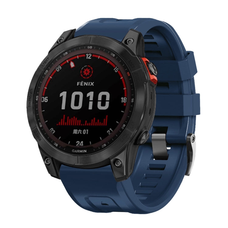 Screw buckle silicone watch band in navy blue with black steel accents