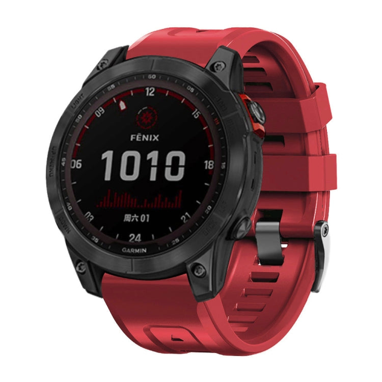 Silicone watch band with screw steel buckle, red strap on smartwatch