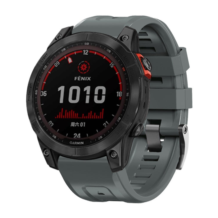 Silicone watch band with screw steel buckle, grey strap on smartwatch