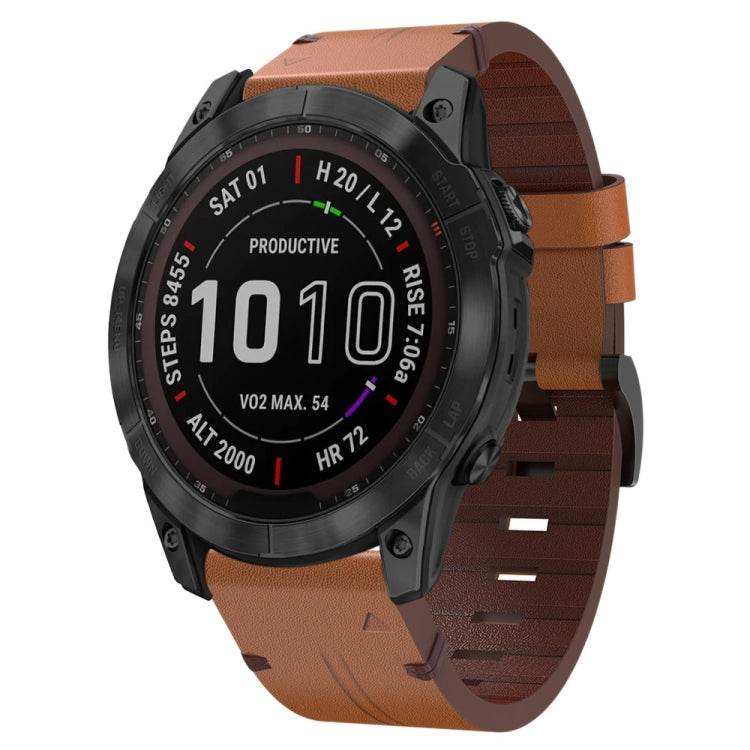 Brown leather watch band with steel buckle and adjustable strap