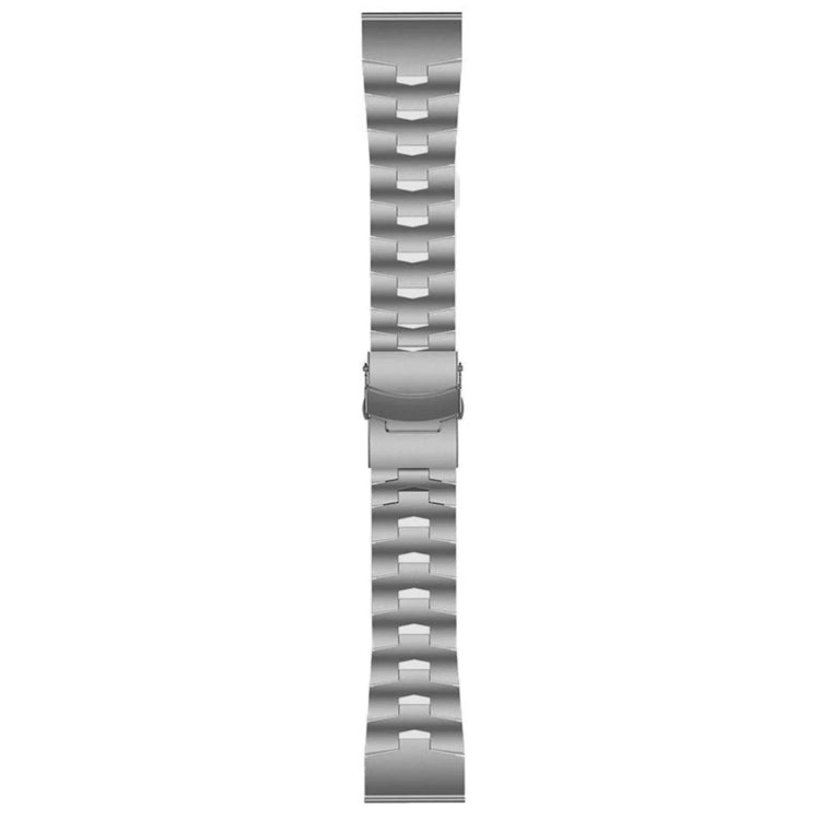 Gray titanium alloy link watch band detail, ridged bracelet texture