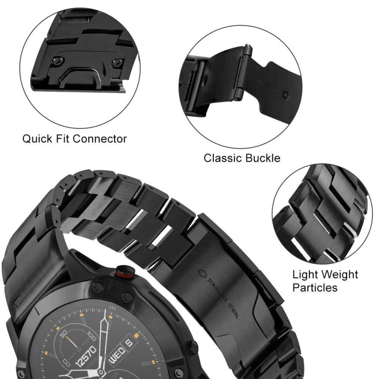 Black quick-release watch band with quick-fit connector and classic buckle detail