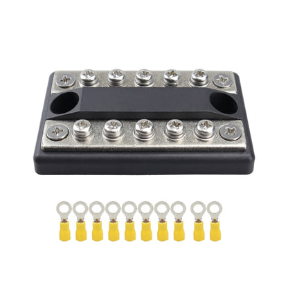 Black 5-way double-row busbar terminal block with yellow ring terminals