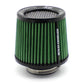Green cone air intake filter with black housing and top mesh screen, front view